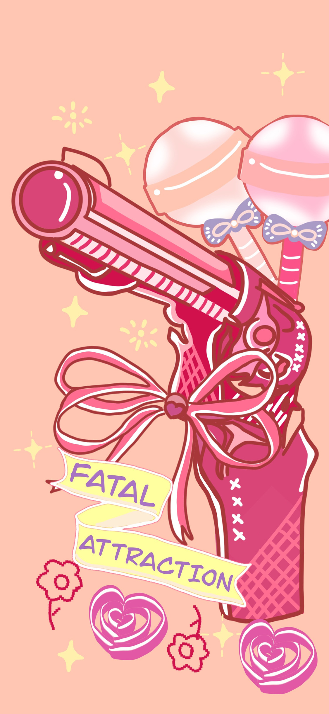 [2436×1125]卡通 枪支 粉色 蝴蝶结 少女心 苹果手机动漫壁纸图片