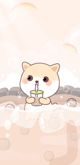 [2436x1125]卡通 柴犬 喝奶茶 冰块 苹果手机动漫壁纸图片