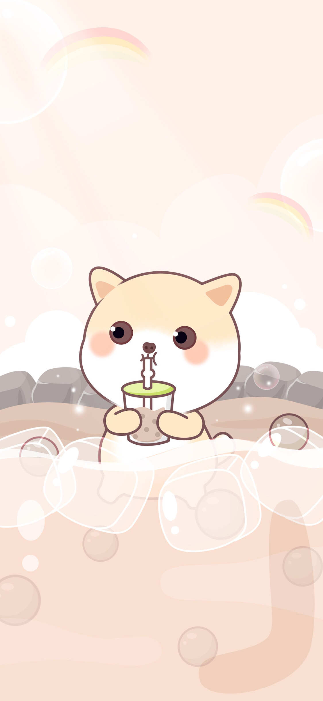 [2436×1125]卡通 柴犬 喝奶茶 冰块 苹果手机动漫壁纸图片