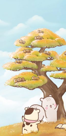 [2436x1125]卡通 树木 松鼠 插画 苹果手机动漫壁纸图片