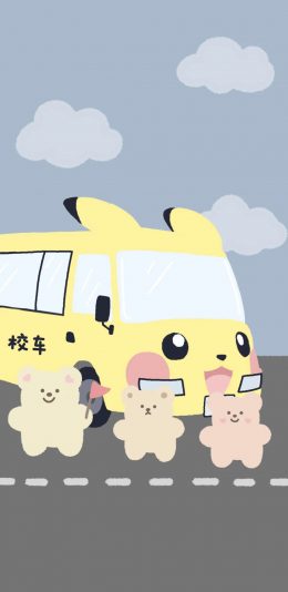 [2436x1125]卡通 校车 皮卡丘 小熊 苹果手机动漫壁纸图片