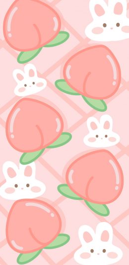 [2436x1125]卡通 桃子 兔子 少女心 平铺 苹果手机动漫壁纸图片
