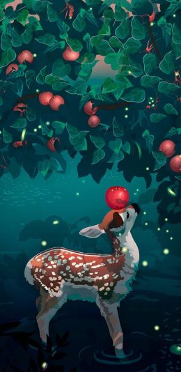 [2436x1125]卡通 梅花鹿 苹果 插画 苹果手机动漫壁纸图片