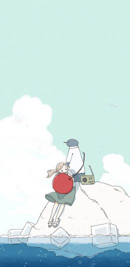 [2436x1125]卡通 樱桃 女孩 企鹅 冰川 苹果手机动漫壁纸图片