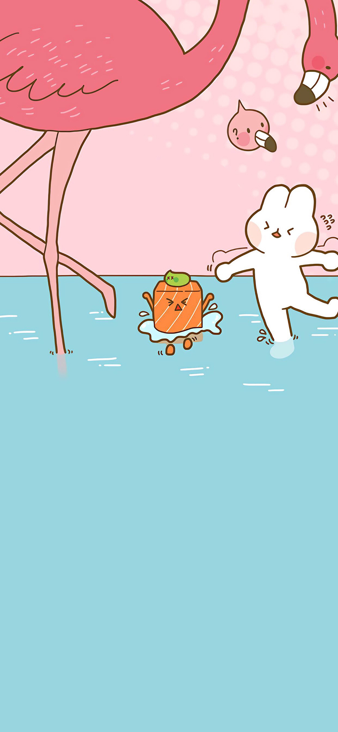 [2436×1125]卡通 水里 兔子 火烈鸟 三文鱼 苹果手机动漫壁纸图片