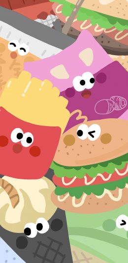 [2436x1125]卡通 汉堡 快餐 冰淇淋 薯条 表情 苹果手机动漫壁纸图片