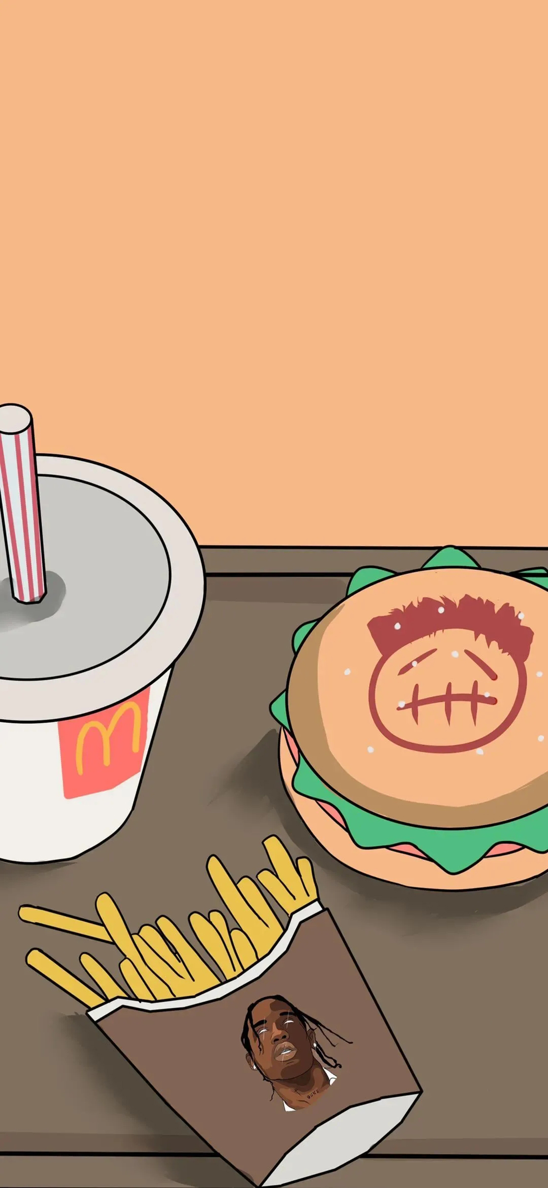 [2436×1125]卡通 汉堡 薯条 可乐 苹果手机动漫壁纸图片