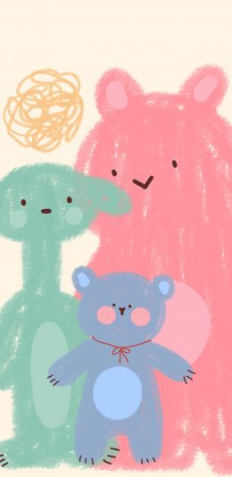 [2436x1125]卡通 涂鸦 兔子 小熊 色彩 苹果手机动漫壁纸图片