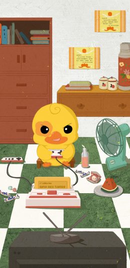 [2436x1125]卡通 游戏机 小黄鸭 夏日 苹果手机动漫壁纸图片