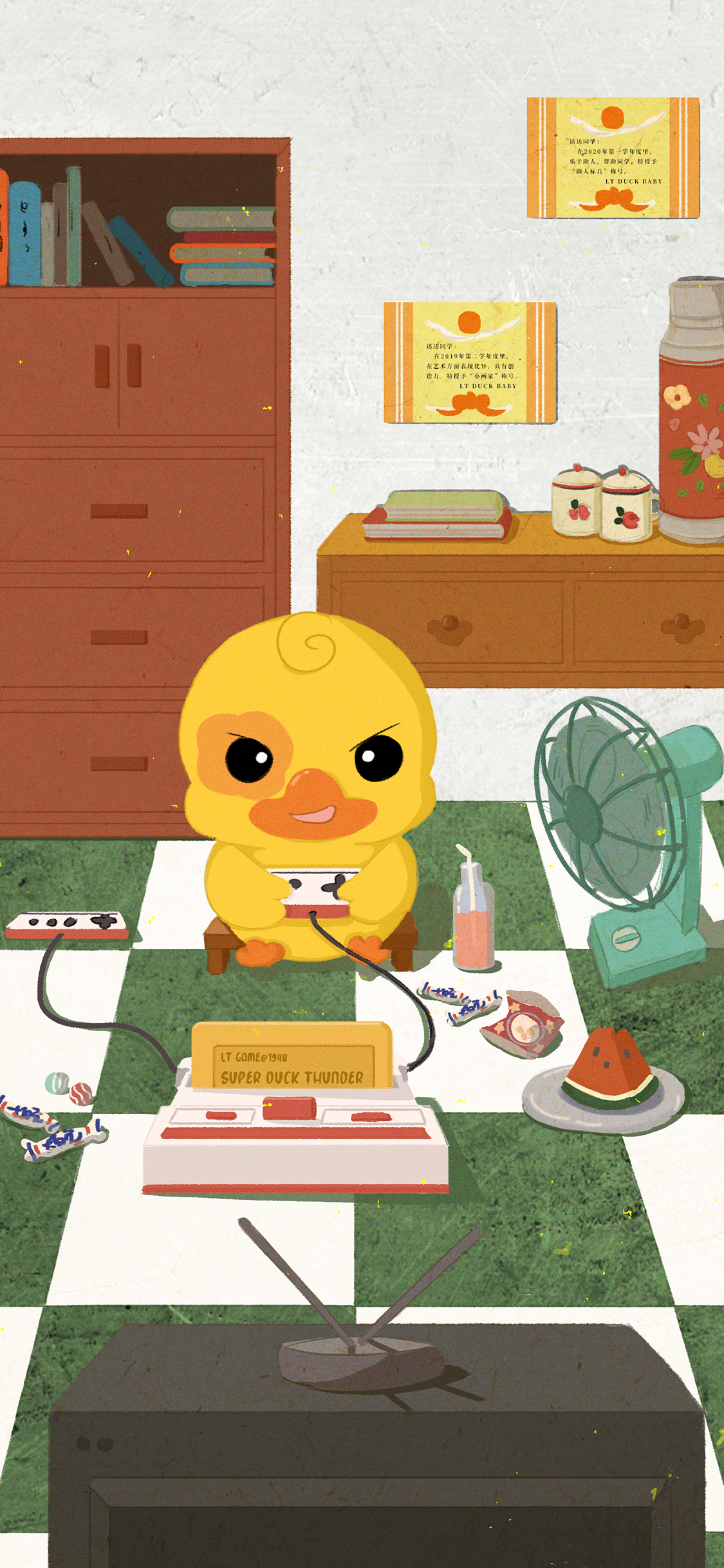[2436×1125]卡通 游戏机 小黄鸭 夏日 苹果手机动漫壁纸图片