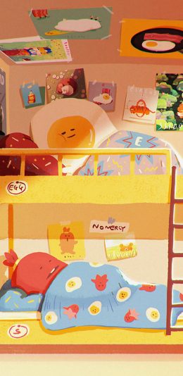 [2436x1125]卡通 煎蛋 火腿 睡觉 苹果手机动漫壁纸图片