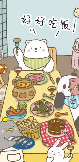 [2436x1125]卡通 熊猫 兔子 好好吃饭 苹果手机动漫壁纸图片