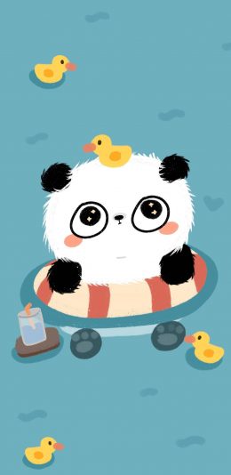 [2436x1125]卡通 熊猫 泳圈 小黄鸭 苹果手机动漫壁纸图片