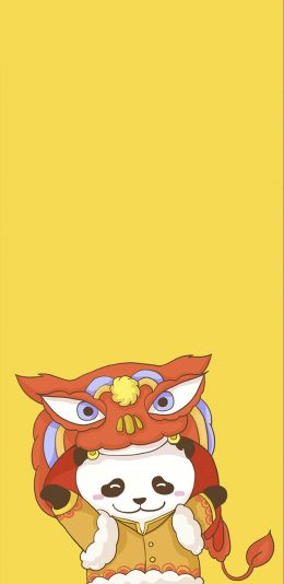 [2436x1125]卡通 熊猫 舞狮 喜庆 苹果手机动漫壁纸图片