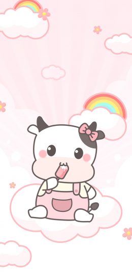[2436x1125]卡通 牛 粉色系 彩虹 苹果手机动漫壁纸图片
