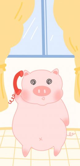 [2436x1125]卡通 猪猪 粉色 打电话 苹果手机动漫壁纸图片