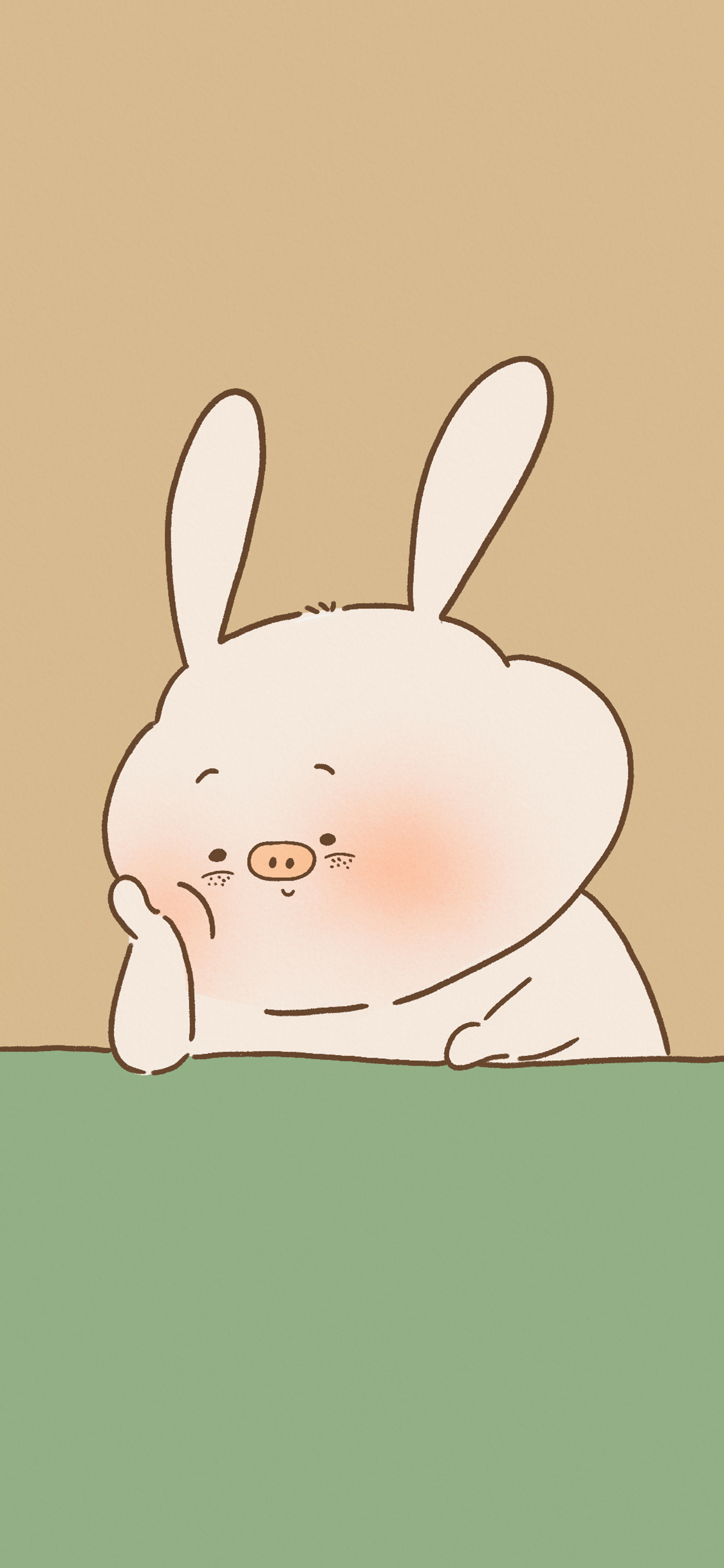 [2436×1125]卡通 猪猪兔 思考 可爱（取自微博：寄喜饼给你喔） 苹果手机动漫壁纸图片
