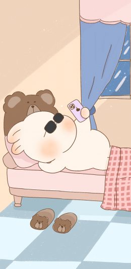 [2436x1125]卡通 猪猪兔 玩手机 可爱（取自微博：寄喜饼给你喔） 苹果手机动漫壁纸图片