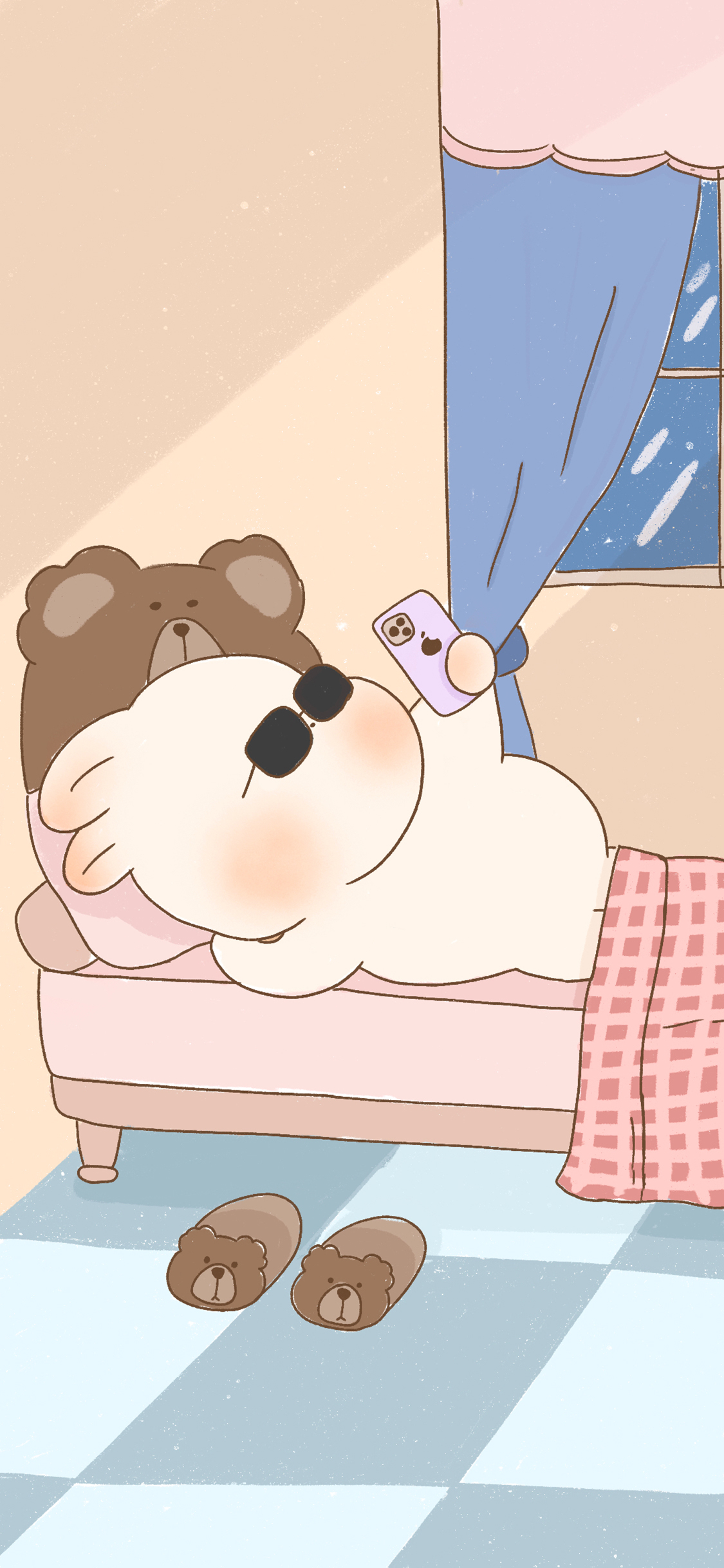 [2436×1125]卡通 猪猪兔 玩手机 可爱（取自微博：寄喜饼给你喔） 苹果手机动漫壁纸图片