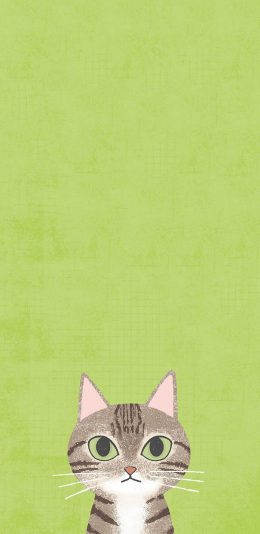 [2436x1125]卡通 猫咪  绘画 可爱 绿底 苹果手机动漫壁纸图片