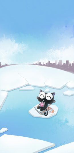 [2436x1125]卡通 猫咪 up喵 冰川 苹果手机动漫壁纸图片