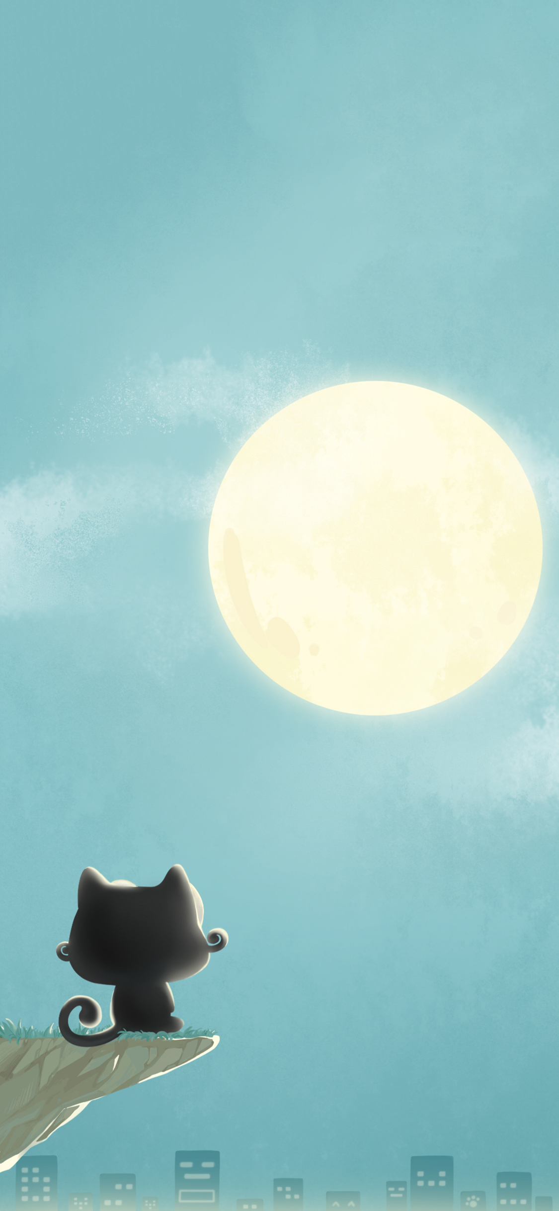 [2436×1125]卡通 猫咪 up喵 月亮 苹果手机动漫壁纸图片