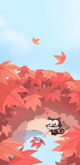 [2436x1125]卡通 猫咪 up喵 枫叶 苹果手机动漫壁纸图片