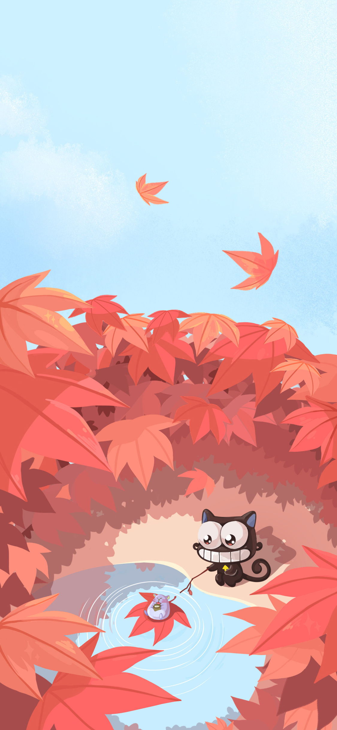 [2436×1125]卡通 猫咪 up喵 枫叶 苹果手机动漫壁纸图片