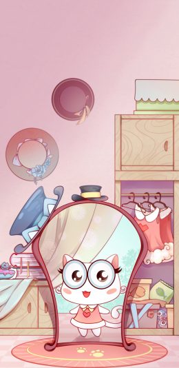 [2436x1125]卡通 猫咪 up喵 粉色系 苹果手机动漫壁纸图片