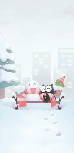 [2436x1125]卡通 猫咪 up喵 雪人 冬季 苹果手机动漫壁纸图片