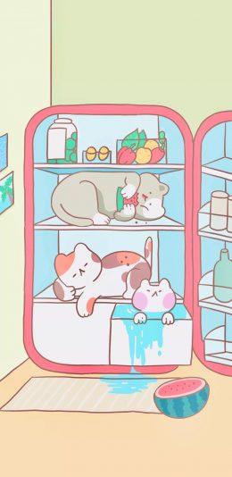 [2436x1125]卡通 猫咪 冰箱 西瓜 夏日 可爱 苹果手机动漫壁纸图片