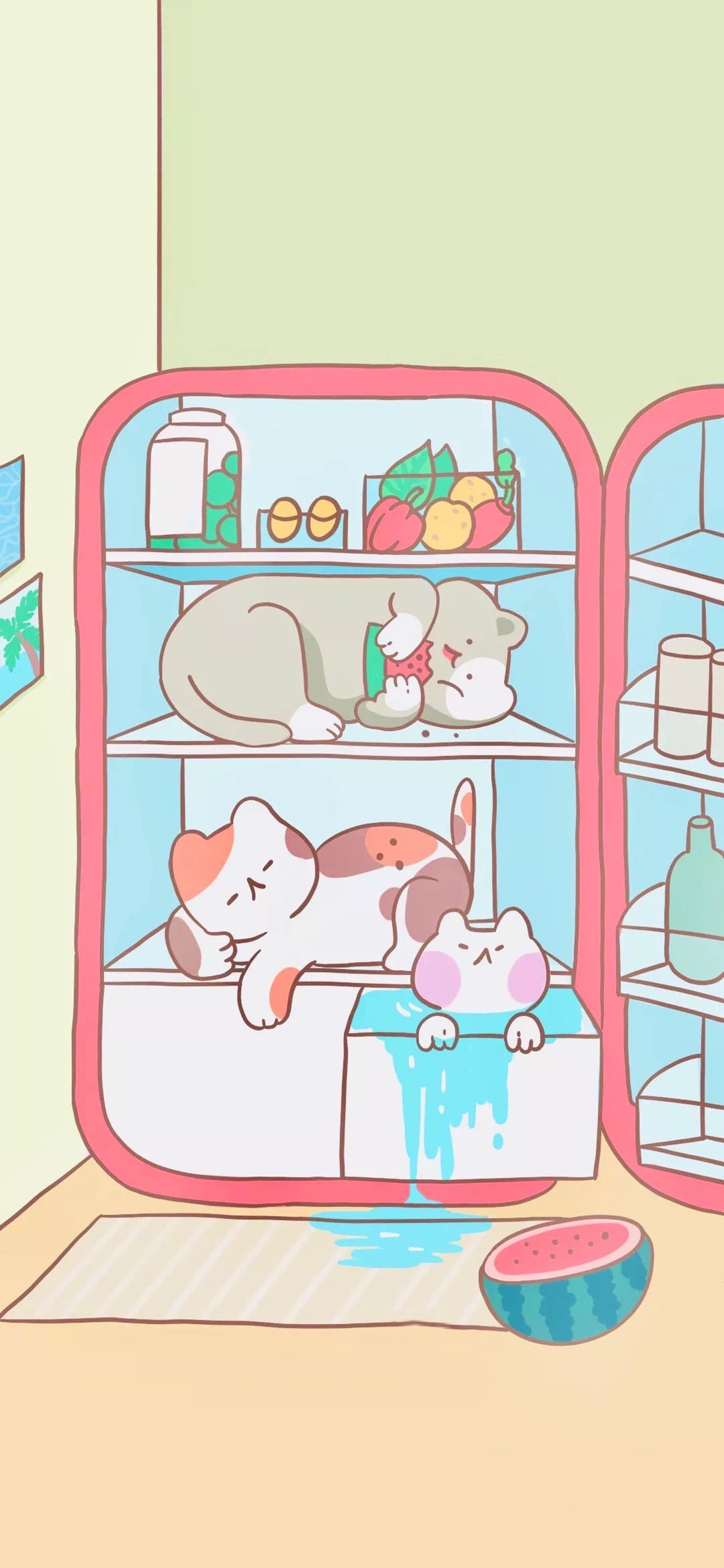 [2436×1125]卡通 猫咪 冰箱 西瓜 夏日 可爱 苹果手机动漫壁纸图片