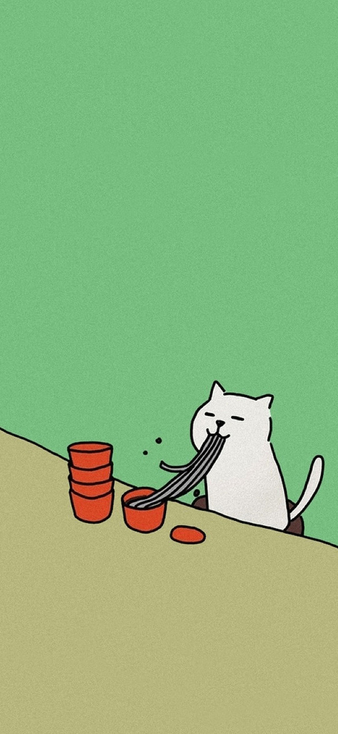 [2436×1125]卡通 猫咪 吃面条 可爱 苹果手机动漫壁纸图片