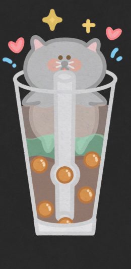 [2436x1125]卡通 猫咪 奶茶 珍珠 苹果手机动漫壁纸图片