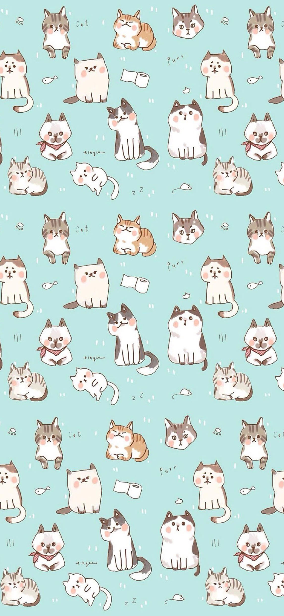 [2436×1125]卡通 猫咪 密集 平铺 苹果手机动漫壁纸图片