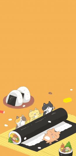 [2436x1125]卡通 猫咪 寿司卷 饭团 可爱 苹果手机动漫壁纸图片