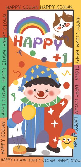 [2436x1125]卡通 猫咪 小丑 彩虹 happy（取自微博：王多鱼耶） 苹果手机动漫壁纸图片