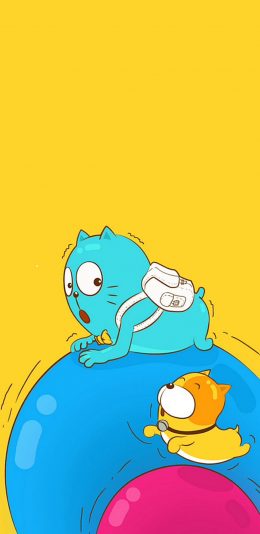 [2436x1125]卡通 猫咪 小黄狗 可爱 苹果手机动漫壁纸图片