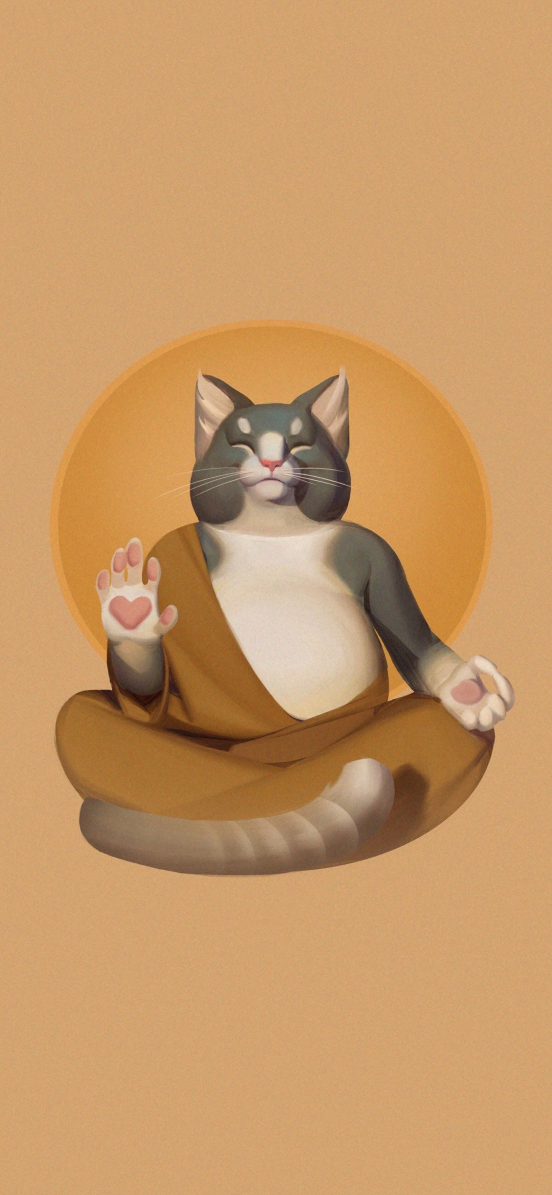 [2436×1125]卡通 猫咪 插图 佛性 苹果手机动漫壁纸图片