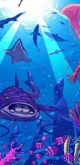 [2436x1125]卡通 猫咪 海洋 鱼群 苹果手机动漫壁纸图片