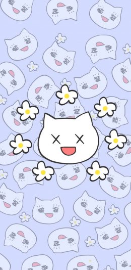 [2436x1125]卡通 猫咪 花朵 平铺 苹果手机动漫壁纸图片