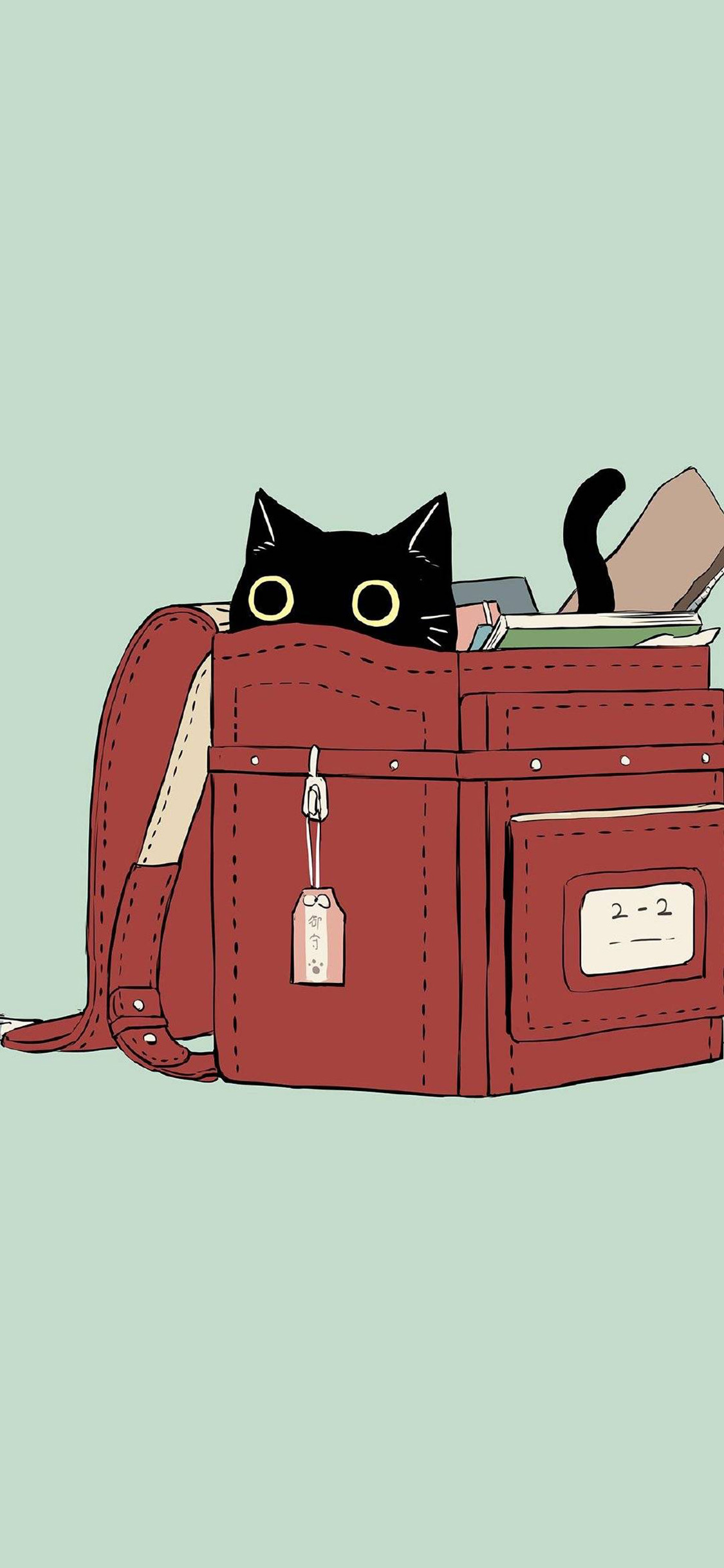 [2436×1125]卡通 猫咪 黑猫 书包 苹果手机动漫壁纸图片