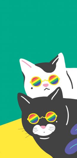 [2436x1125]卡通 猫咪 黑白 眼镜 苹果手机动漫壁纸图片