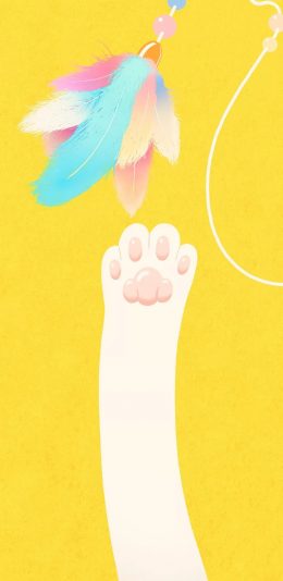 [2436x1125]卡通 猫爪子 逗猫棒 羽毛 黄色背景 苹果手机动漫壁纸图片