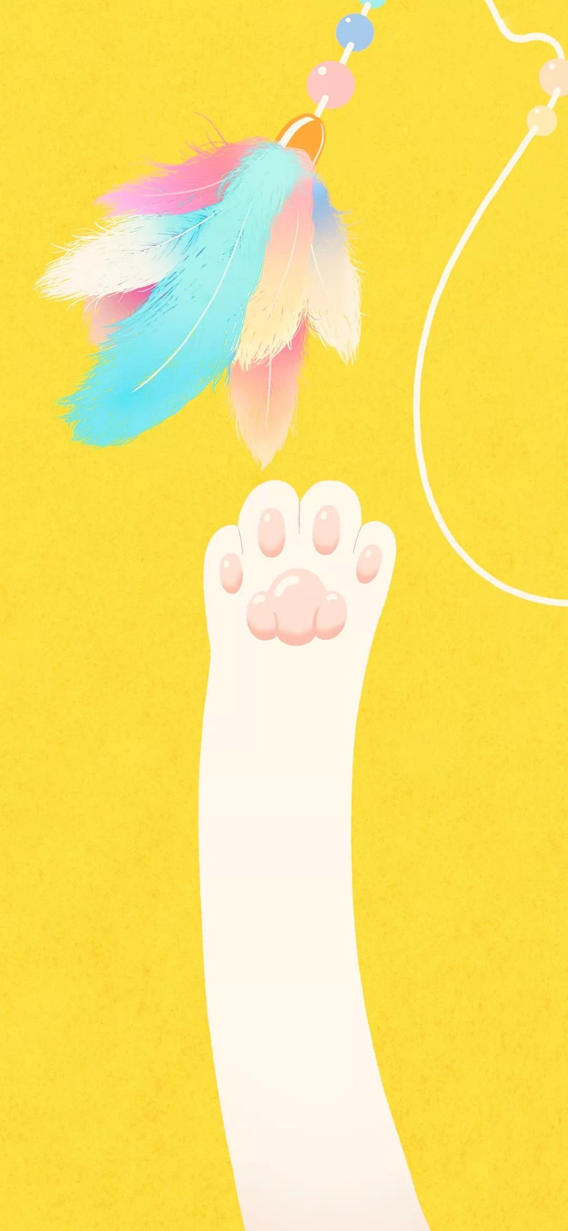 [2436×1125]卡通 猫爪子 逗猫棒 羽毛 黄色背景 苹果手机动漫壁纸图片