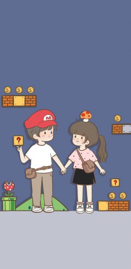 [2436x1125]卡通 男女 超级玛丽 闯关 苹果手机动漫壁纸图片