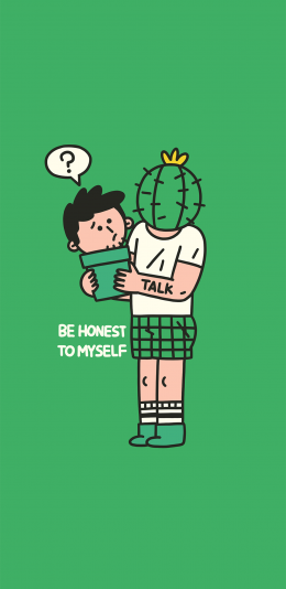 [2436x1125]卡通 男孩 仙人球 be honest to myself 苹果手机动漫壁纸图片