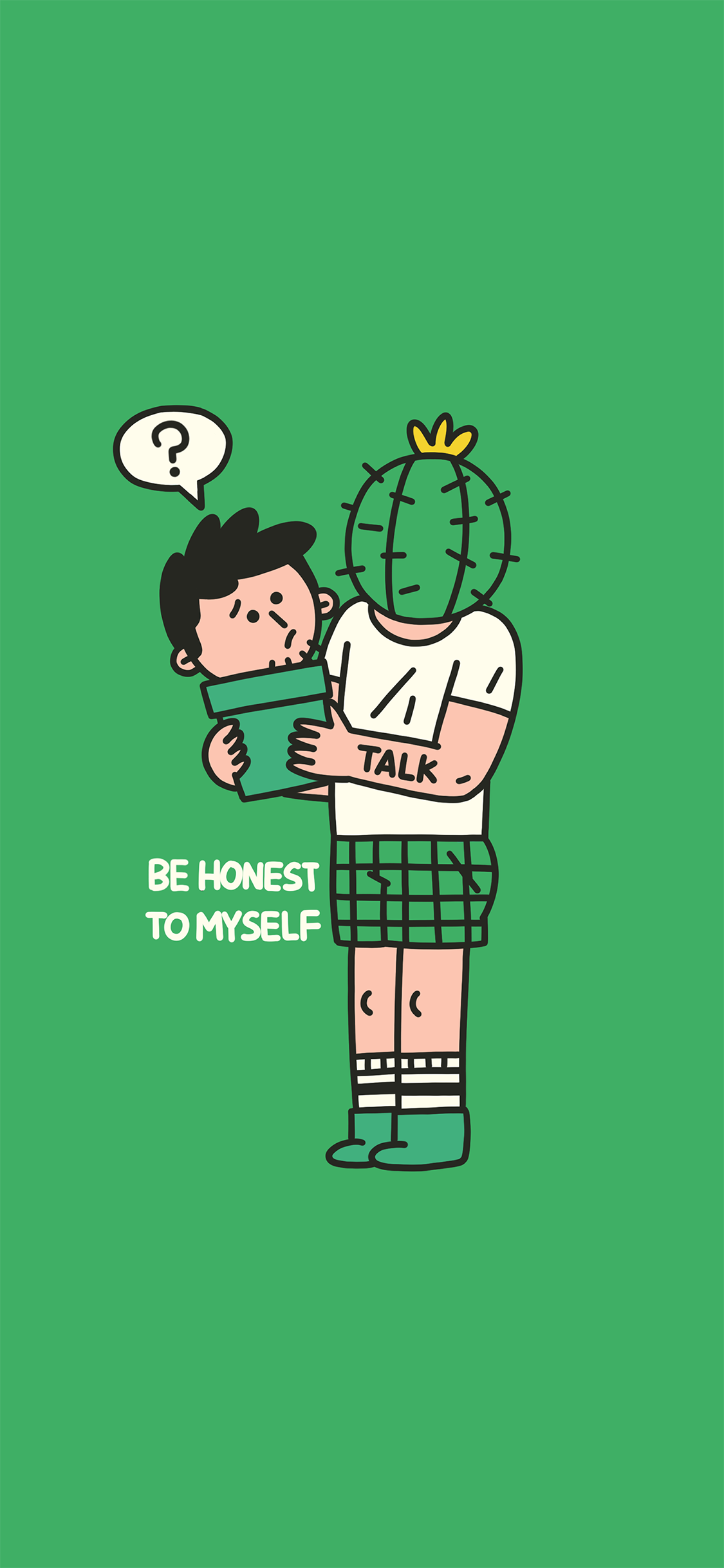 [2436×1125]卡通 男孩 仙人球 be honest to myself 苹果手机动漫壁纸图片