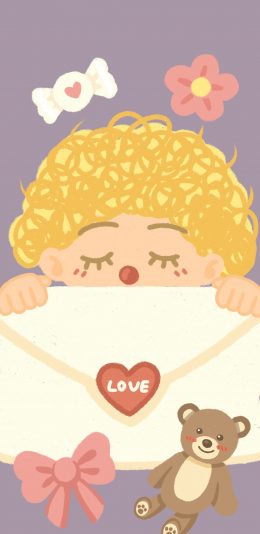 [2436x1125]卡通 男孩 信封 小熊 love 苹果手机动漫壁纸图片