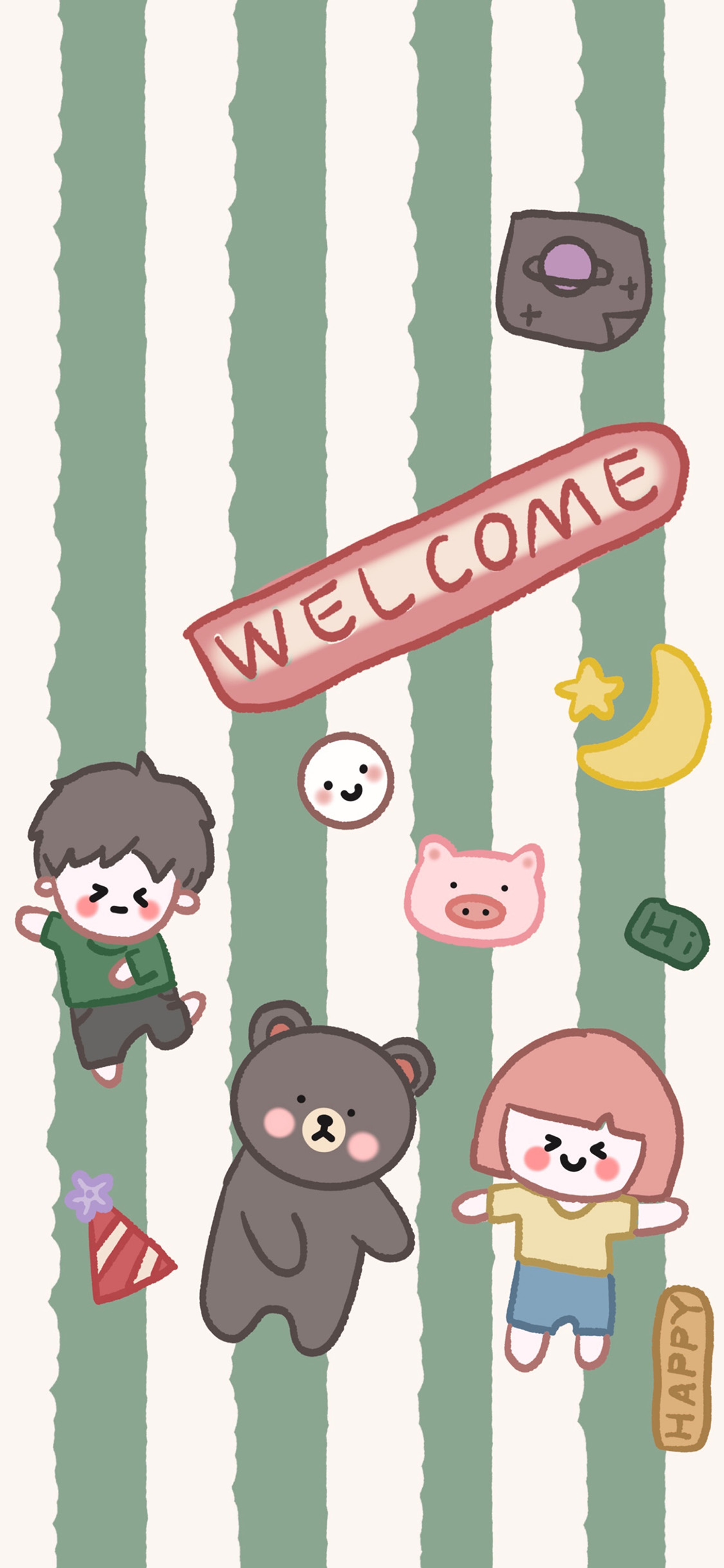 [2436×1125]卡通 男孩 女孩 小熊 萌物 苹果手机动漫壁纸图片